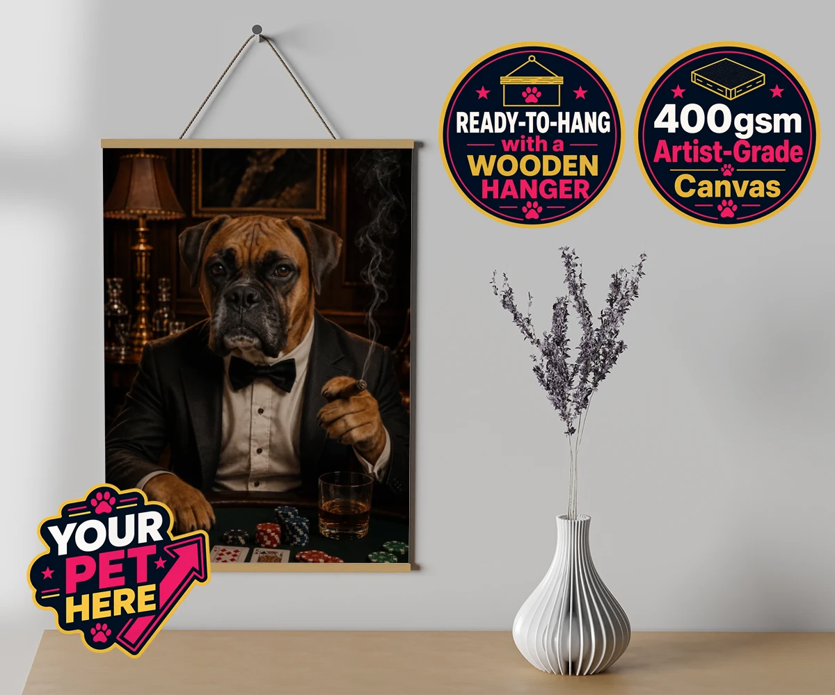 Personalised Poker Night Paw dog canvas poster prints with hanger featuring meet Poker Night Paw, the ultimate conversation starter for any dog lo