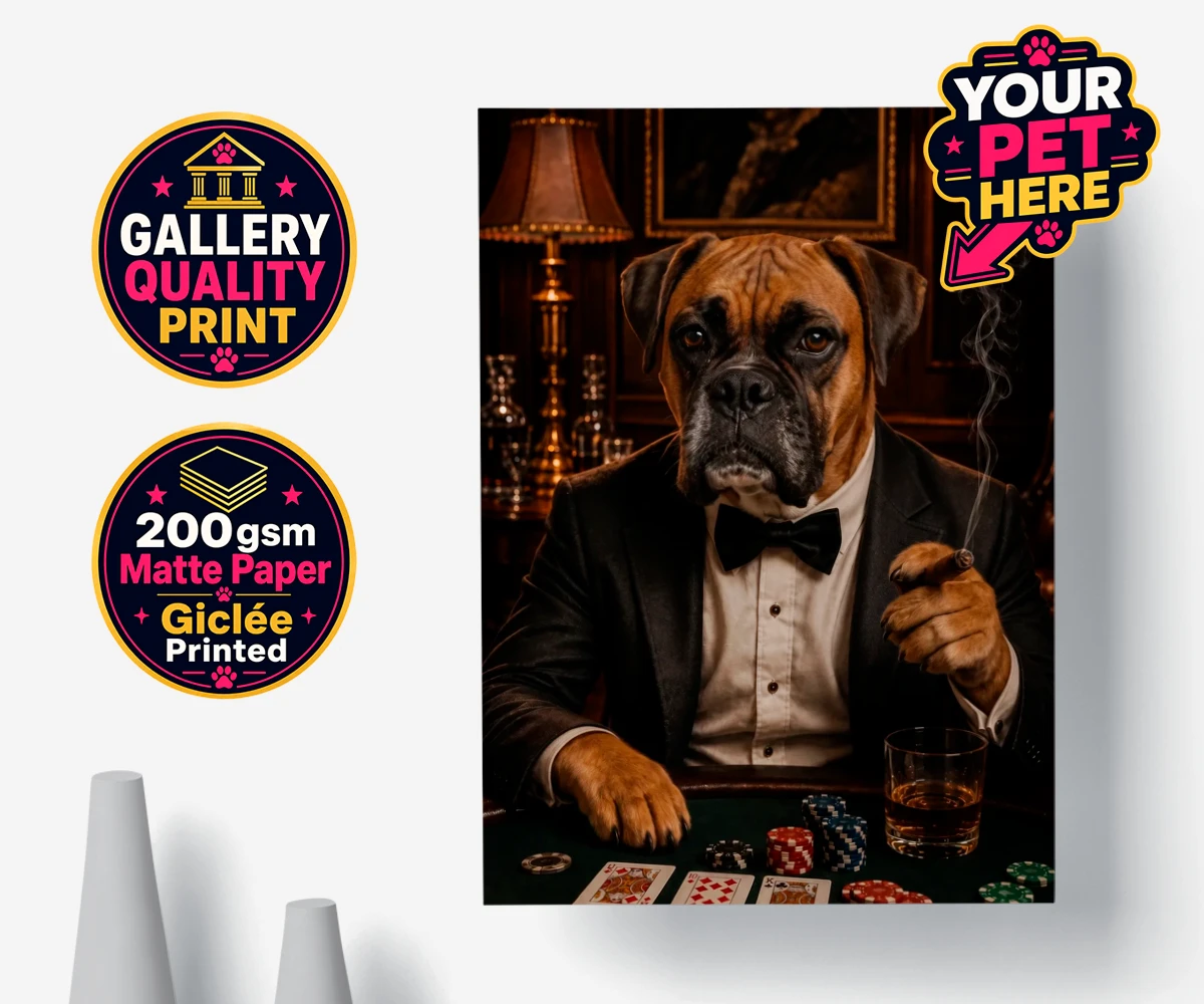 Personalised Poker Night Paw dog premium poster print featuring meet Poker Night Paw, the ultimate conversation starter for any dog lo
