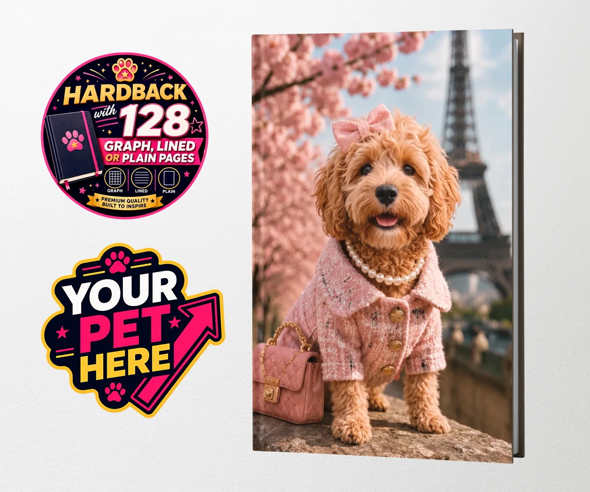 Personalised Pawris in Pink dog hardback notebooks featuring a delightfully chic canine character who embodies the perfect blend of