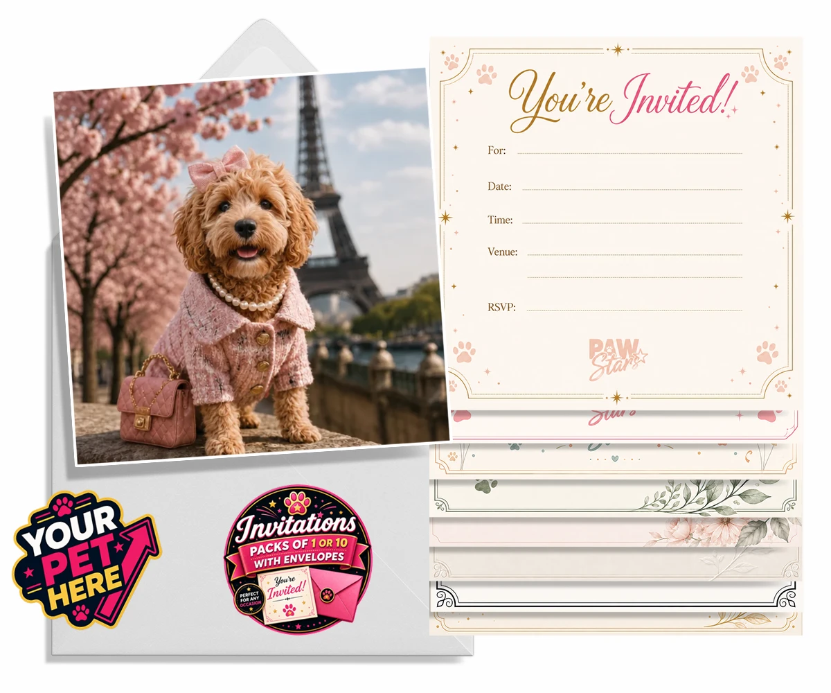 Personalised Pawris in Pink dog invitations featuring a delightfully chic canine character who embodies the perfect blend of