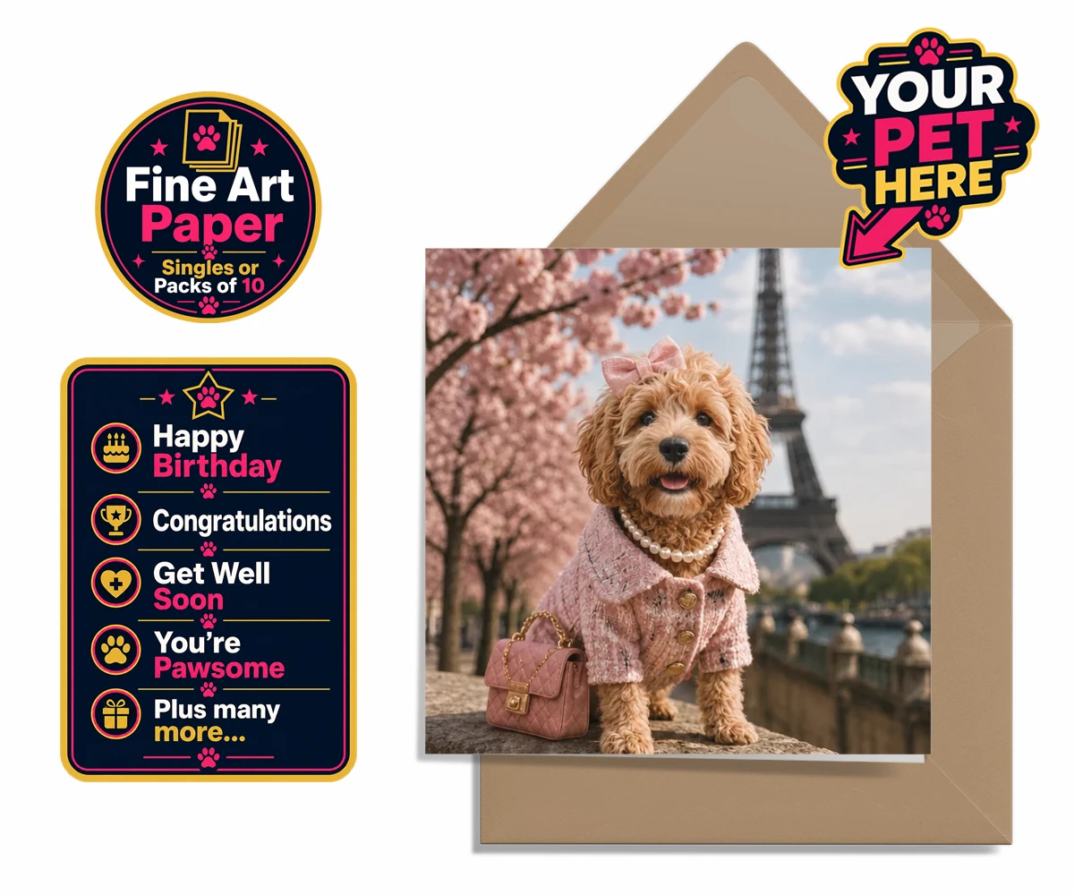 Personalised Pawris in Pink dog premium greetings cards featuring a delightfully chic canine character who embodies the perfect blend of