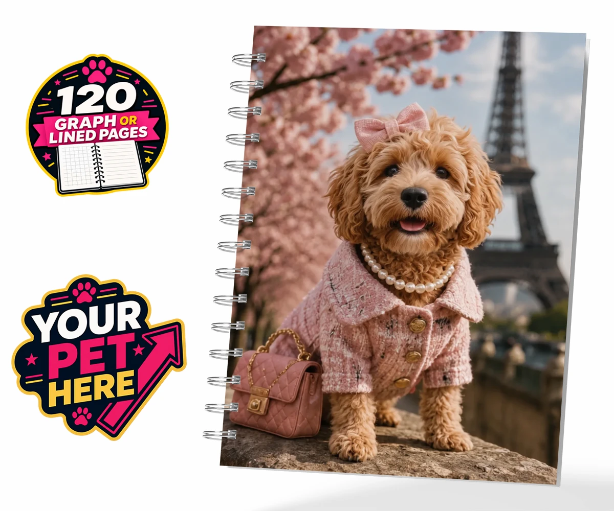 Personalised Pawris in Pink dog spiral notebook featuring a delightfully chic canine character who embodies the perfect blend of