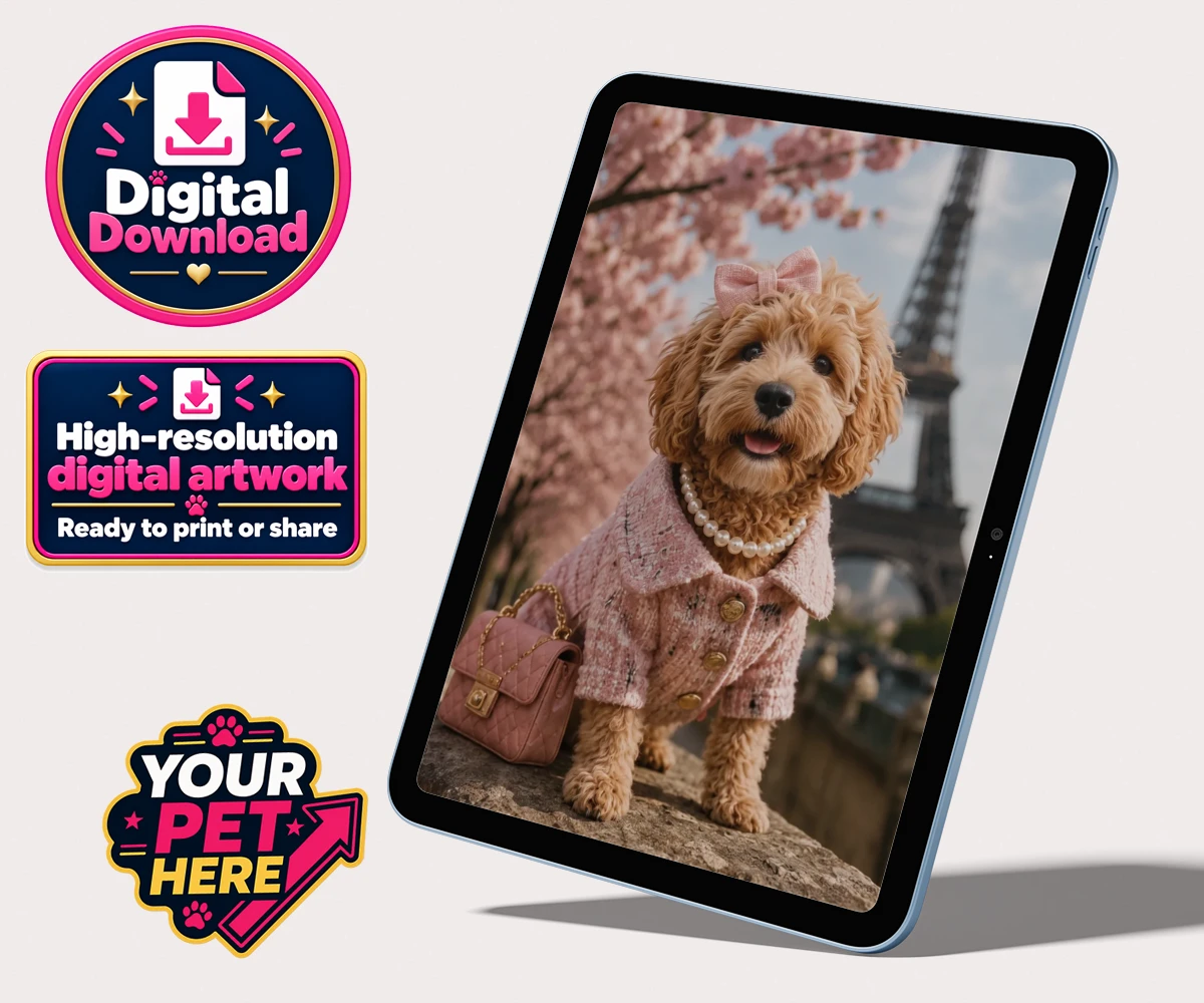 Personalised digital portrait of Pawris in Pink, a dog in a pink coat with buttons, wearing a pearl necklace, set against cherry blossoms and the Eiffel Tower.