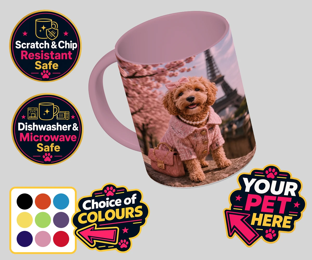 Personalised Pawris in Pink dog coloured photo mugs featuring a delightfully chic canine character who embodies the perfect blend of