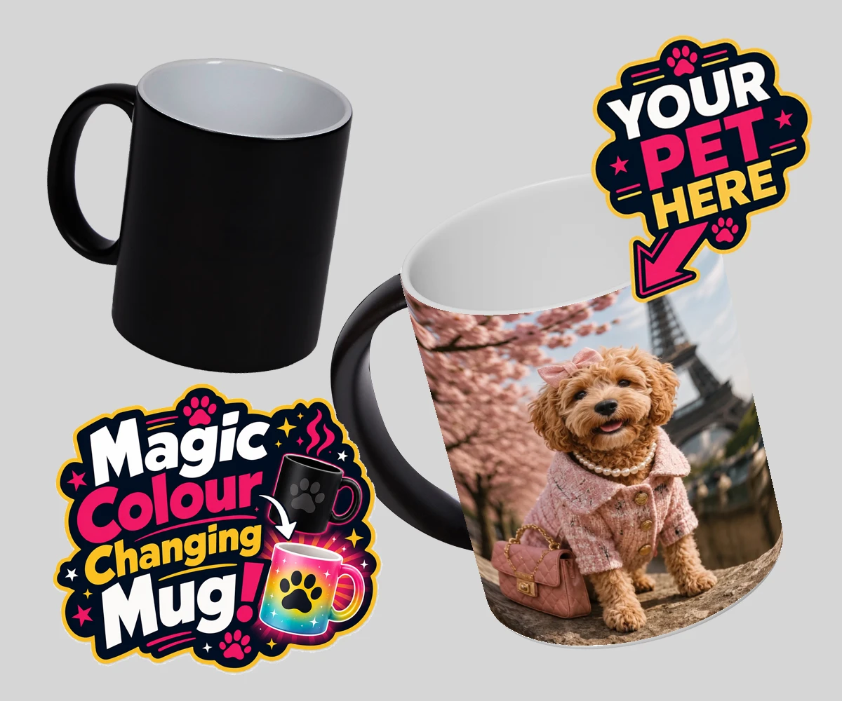 Personalised Pawris in Pink dog magic photo mugs featuring a delightfully chic canine character who embodies the perfect blend of
