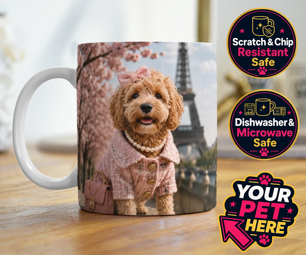 Personalised Pawris in Pink dog photo mugs featuring a delightfully chic canine character who embodies the perfect blend of