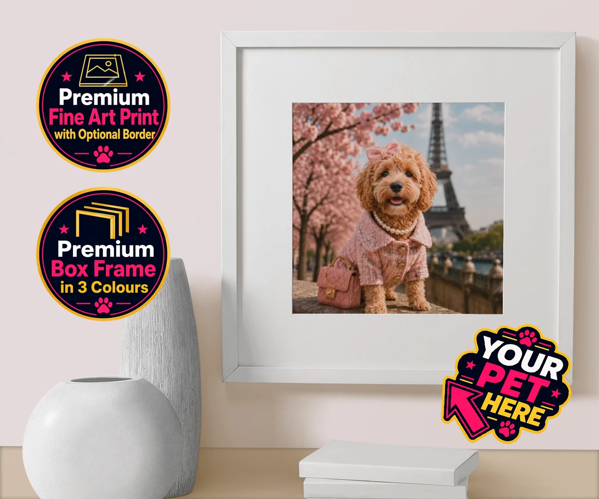 Personalised Pawris in Pink dog box framed print featuring a delightfully chic canine character who embodies the perfect blend of