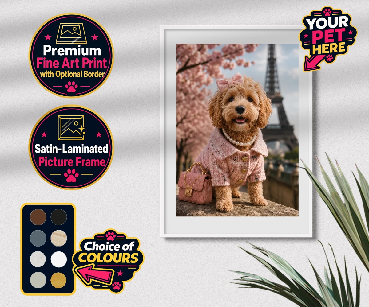 Personalised Pawris in Pink dog premium framed print featuring a delightfully chic canine character who embodies the perfect blend of