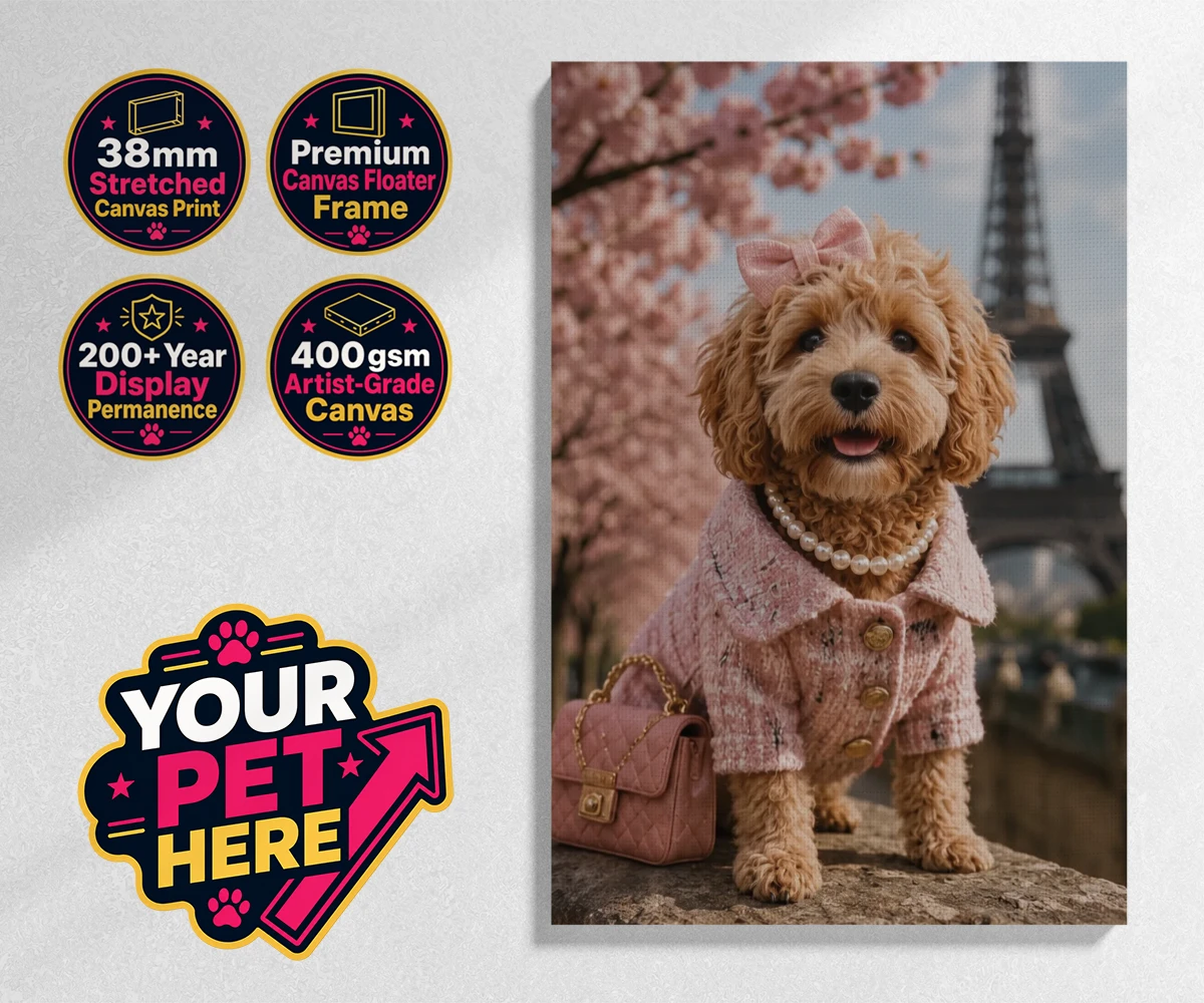 Personalised Pawris in Pink dog stretched canvas print featuring a delightfully chic canine character who embodies the perfect blend of