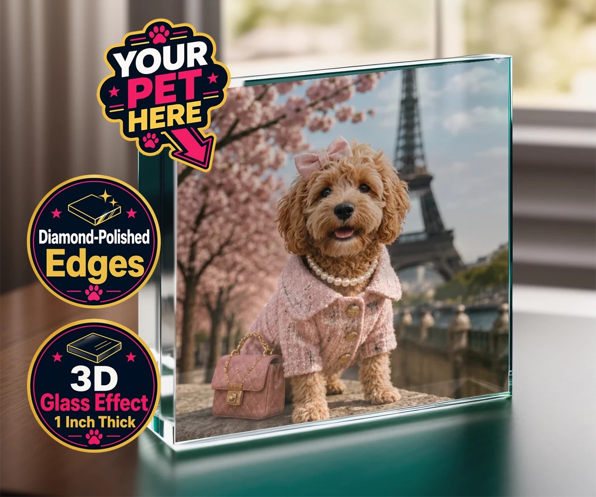 Personalised Pawris in Pink dog acrylic prisms featuring a delightfully chic canine character who embodies the perfect blend of
