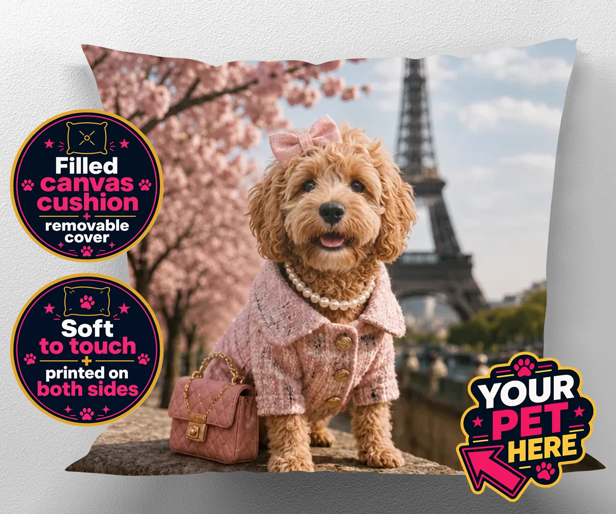 Personalised Pawris in Pink dog canvas cushions featuring a delightfully chic canine character who embodies the perfect blend of