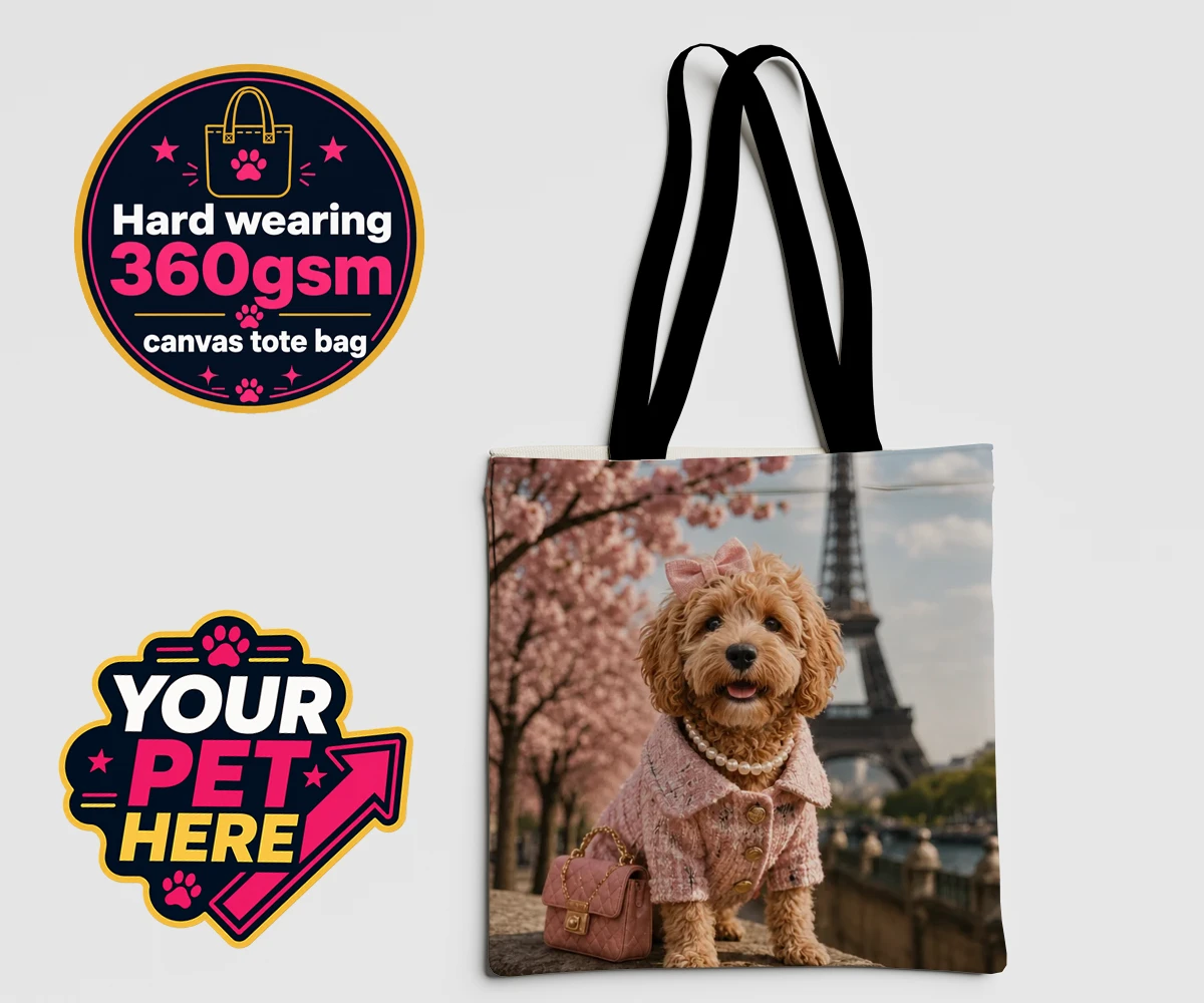 Personalised Pawris in Pink dog canvas tote bags featuring a delightfully chic canine character who embodies the perfect blend of