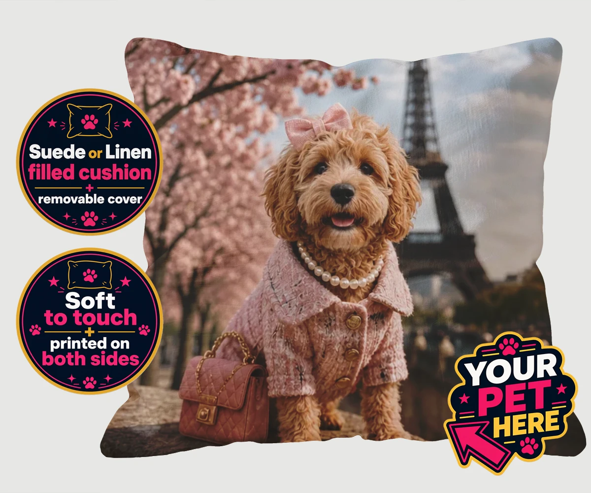 Personalised Pawris in Pink dog cushions featuring a delightfully chic canine character who embodies the perfect blend of