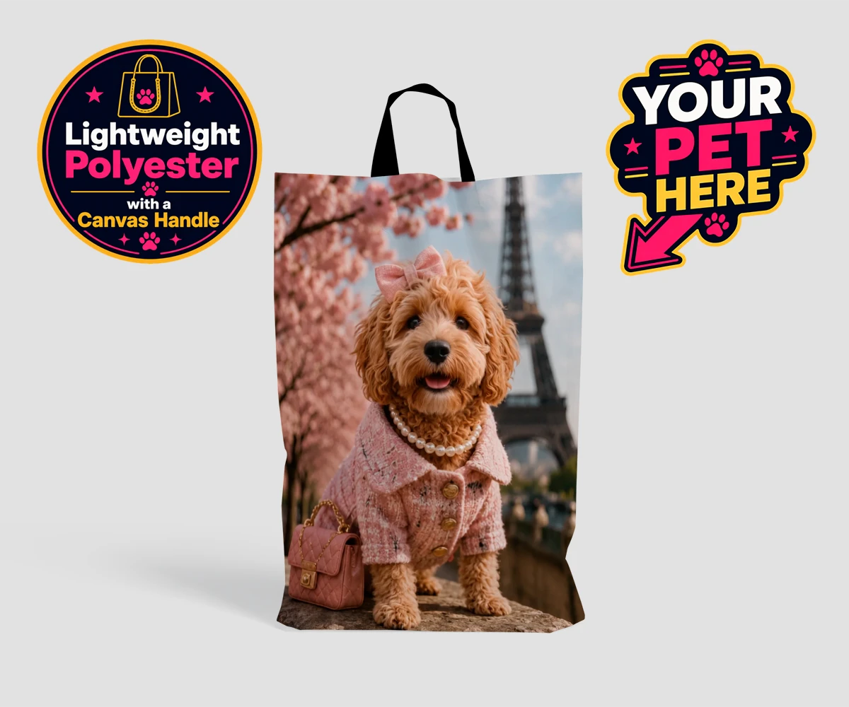 Personalised Pawris in Pink dog shopping bags featuring a delightfully chic canine character who embodies the perfect blend of
