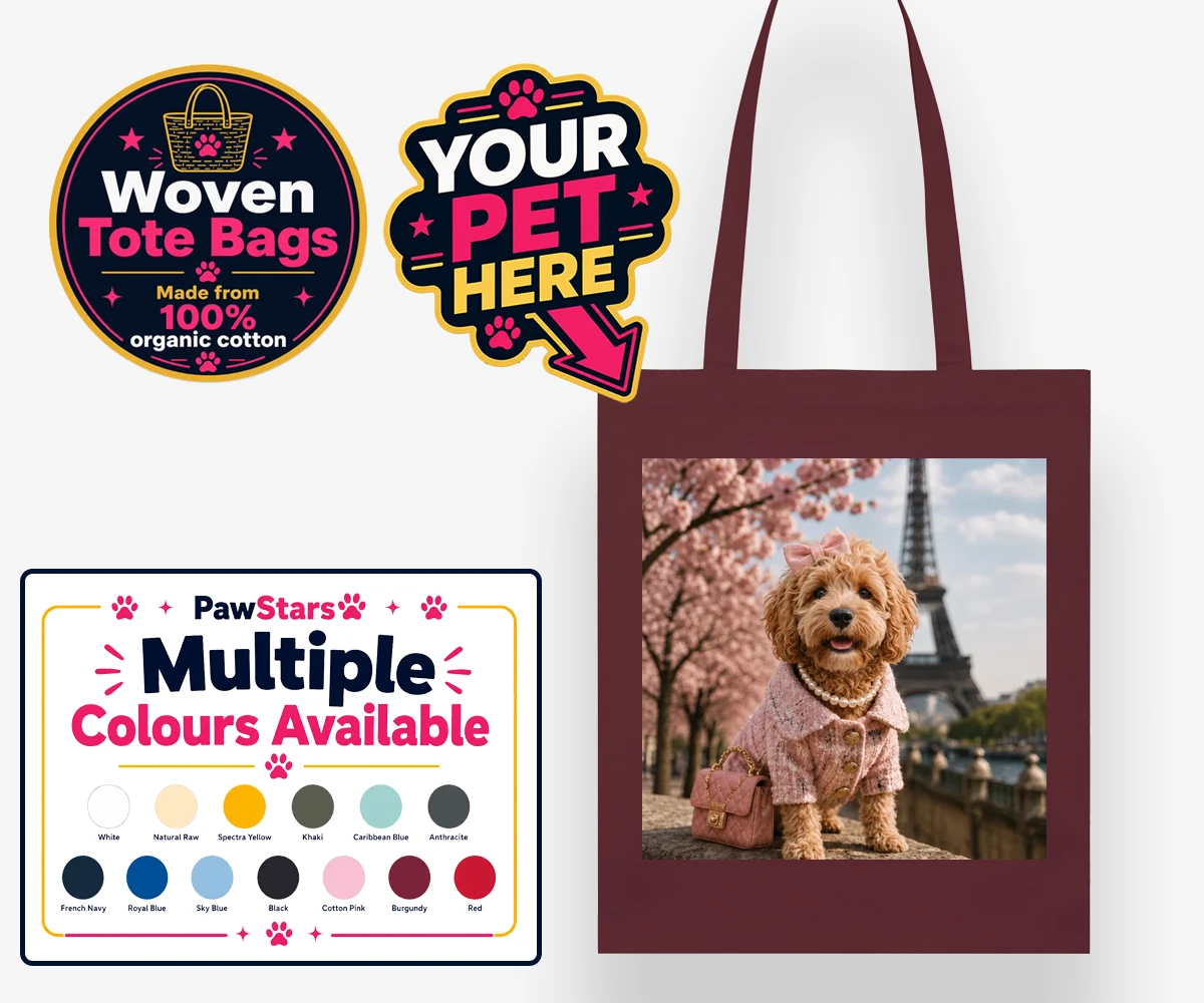 Personalised Pawris in Pink dog woven tote bags featuring a delightfully chic canine character who embodies the perfect blend of