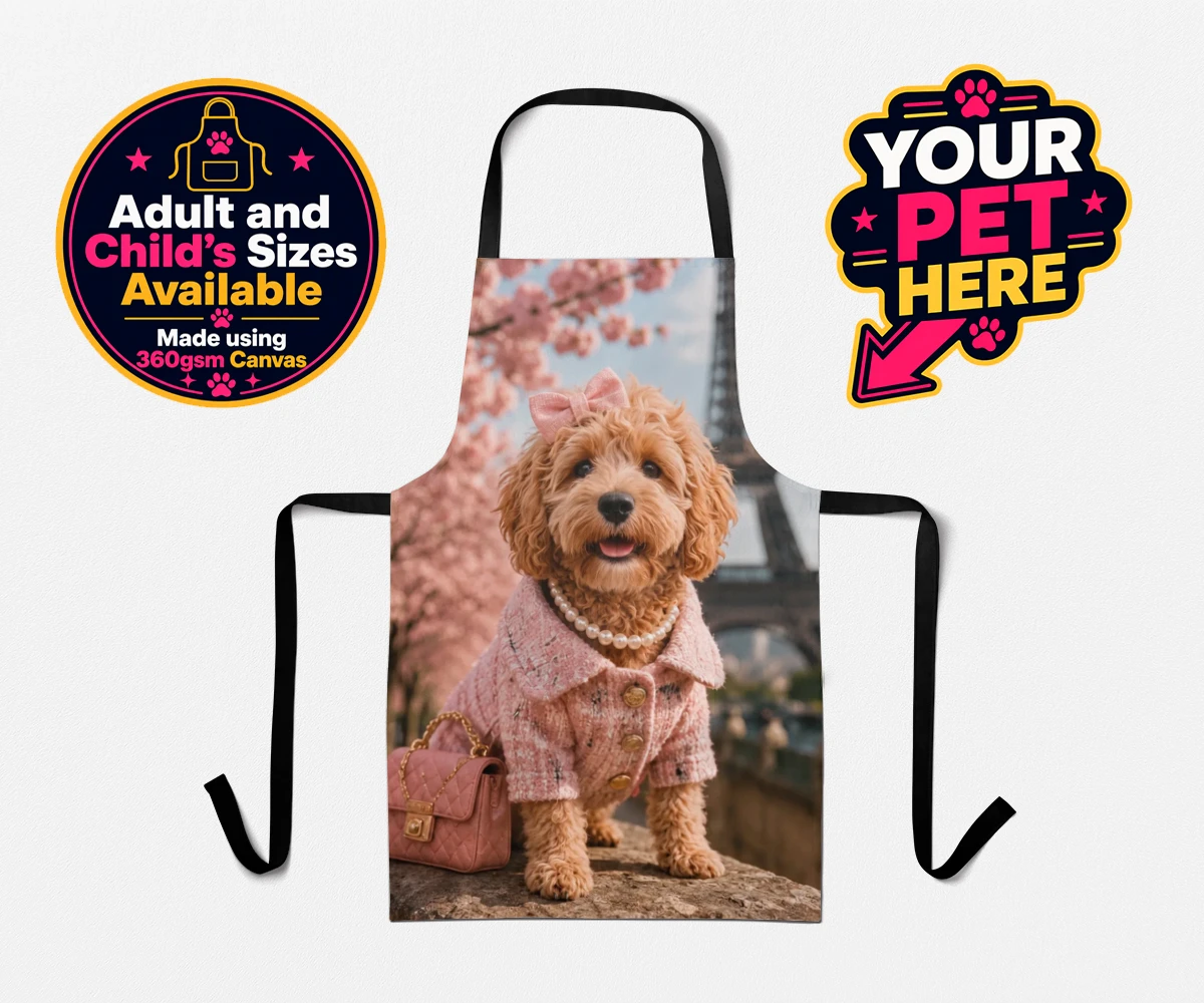 Personalised Pawris in Pink dog aprons featuring a delightfully chic canine character who embodies the perfect blend of