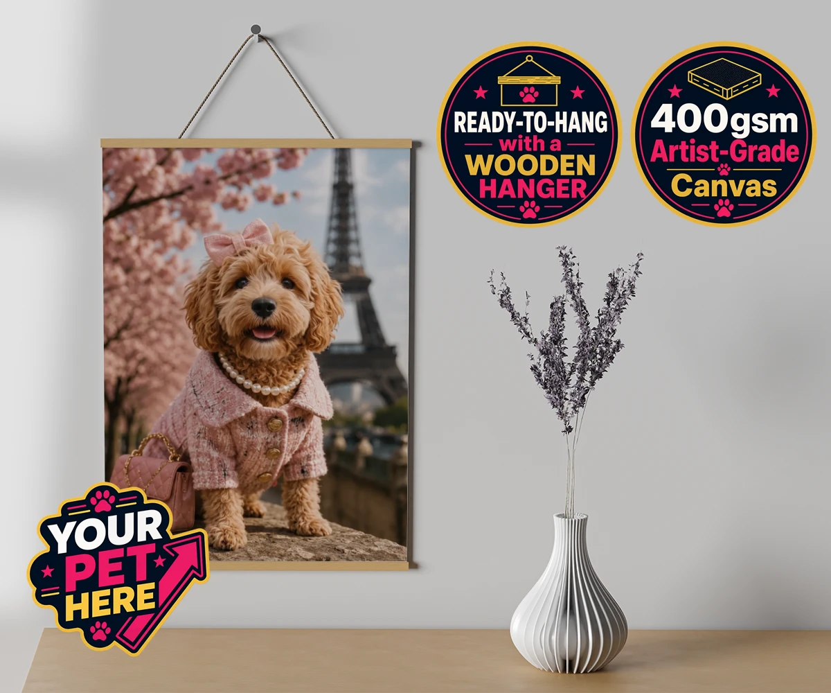 Personalised Pawris in Pink dog canvas poster prints with hanger featuring a delightfully chic canine character who embodies the perfect blend of