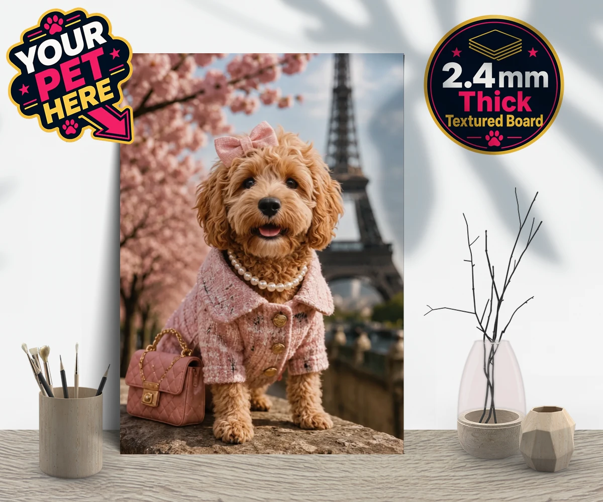 Personalised Pawris in Pink dog gallery boards featuring a delightfully chic canine character who embodies the perfect blend of