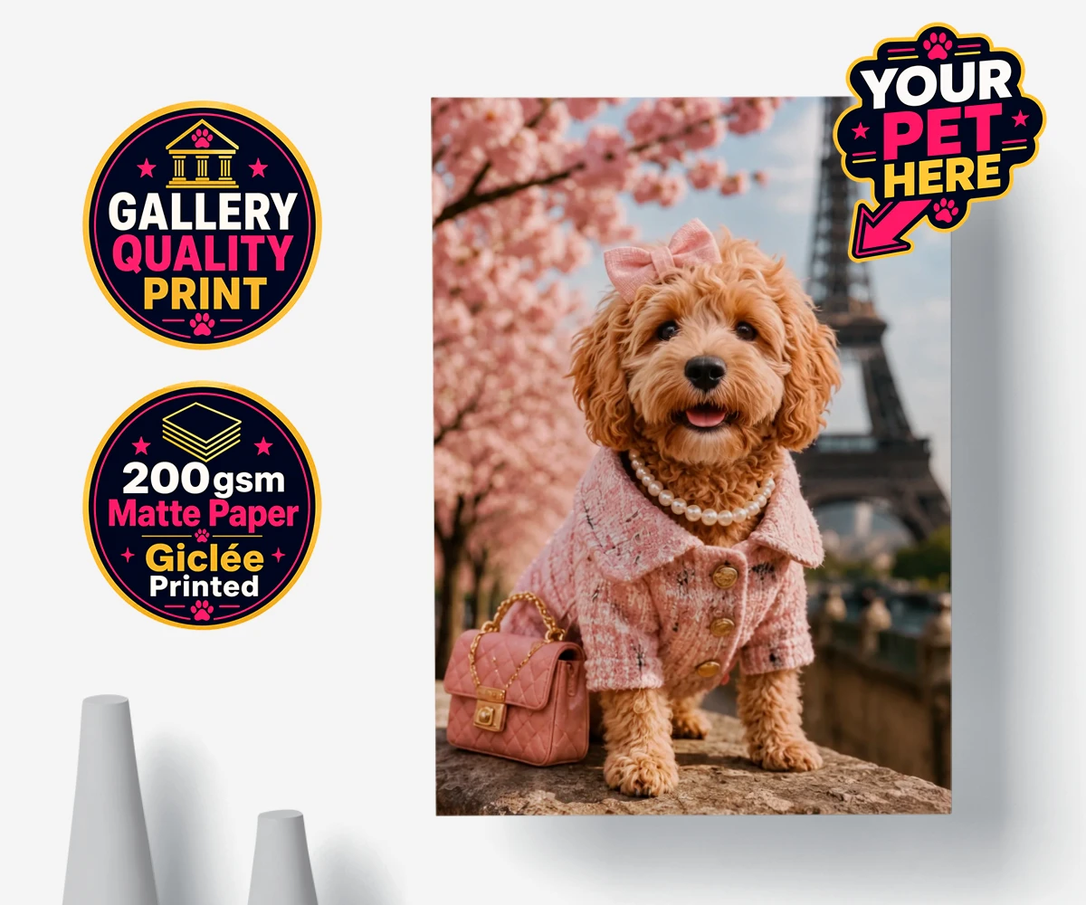 Personalised Pawris in Pink dog premium poster print featuring a delightfully chic canine character who embodies the perfect blend of