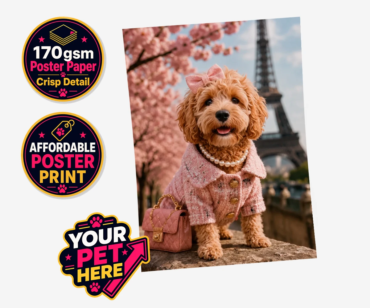 Personalised Pawris in Pink dog standard poster print featuring a delightfully chic canine character who embodies the perfect blend of