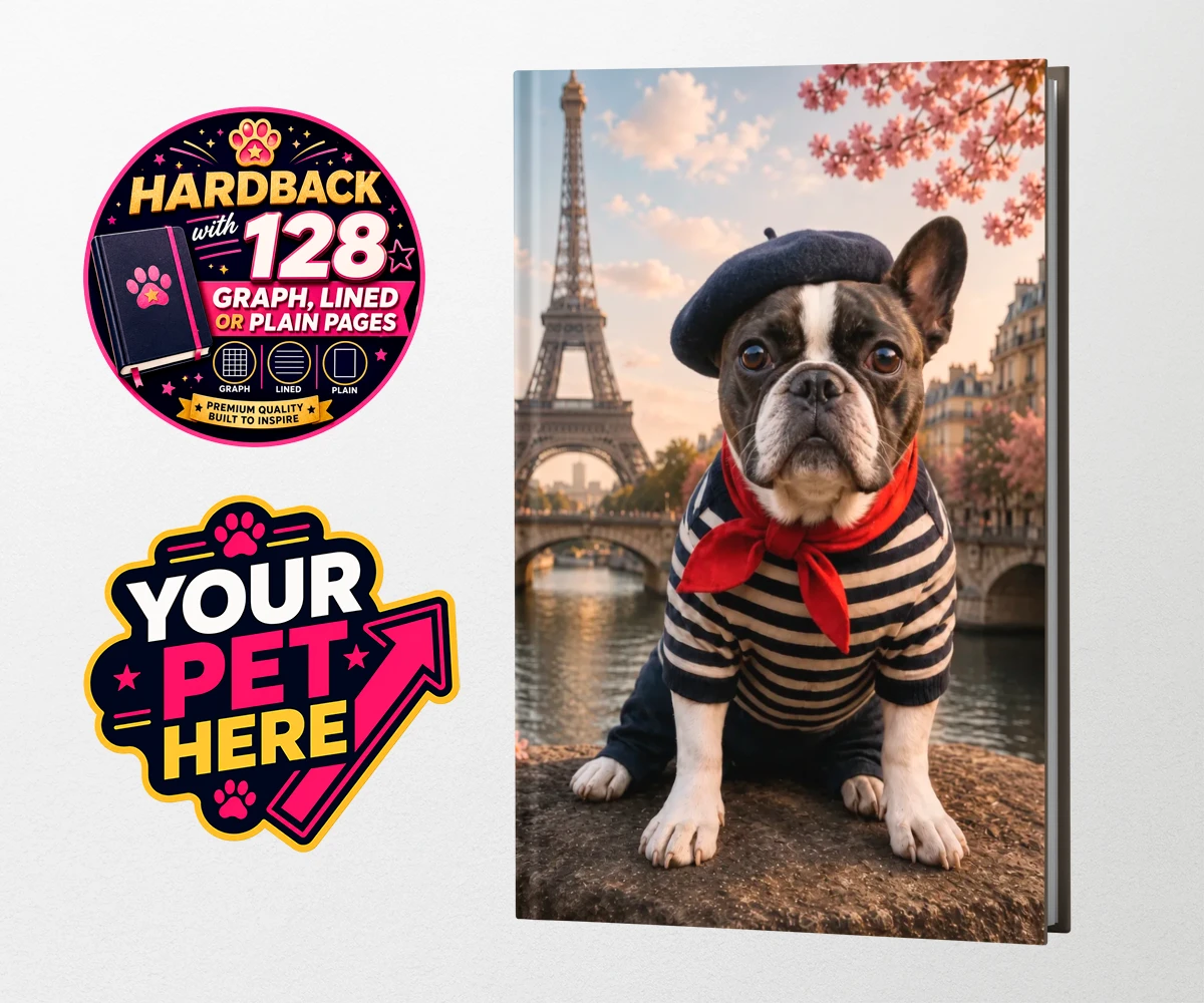 Personalised Eiffel Paw Portrait dog hardback notebooks featuring meet the Eiffel Paw Portrait, where your beloved pooch channels their
