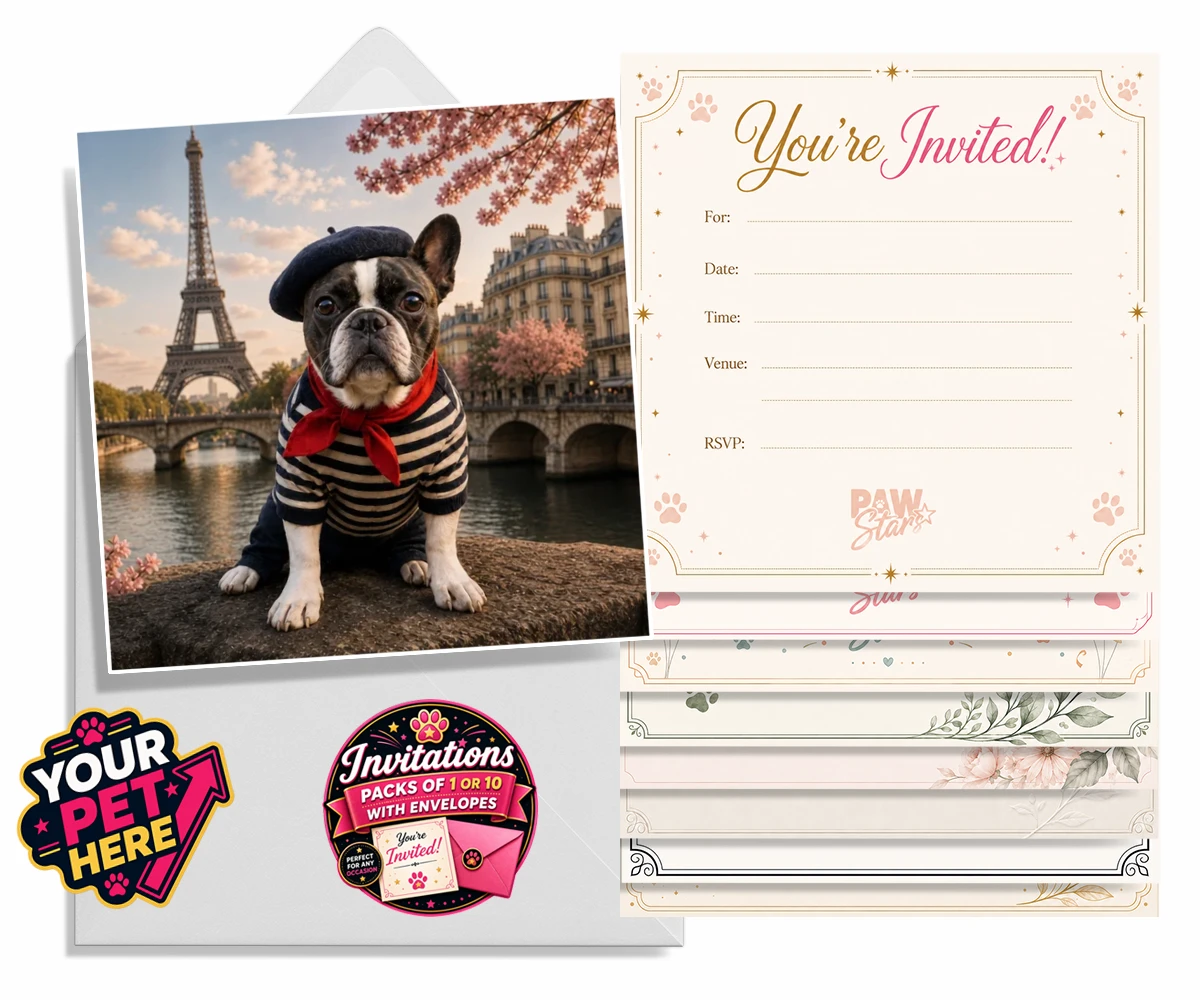 Eiffel Paw Portrait Invitations featuring a dog in a striped shirt and beret with the Eiffel Tower in the background
