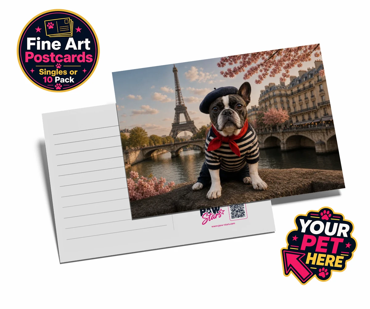 Personalised Eiffel Paw Portrait dog postcards featuring meet the Eiffel Paw Portrait, where your beloved pooch channels their