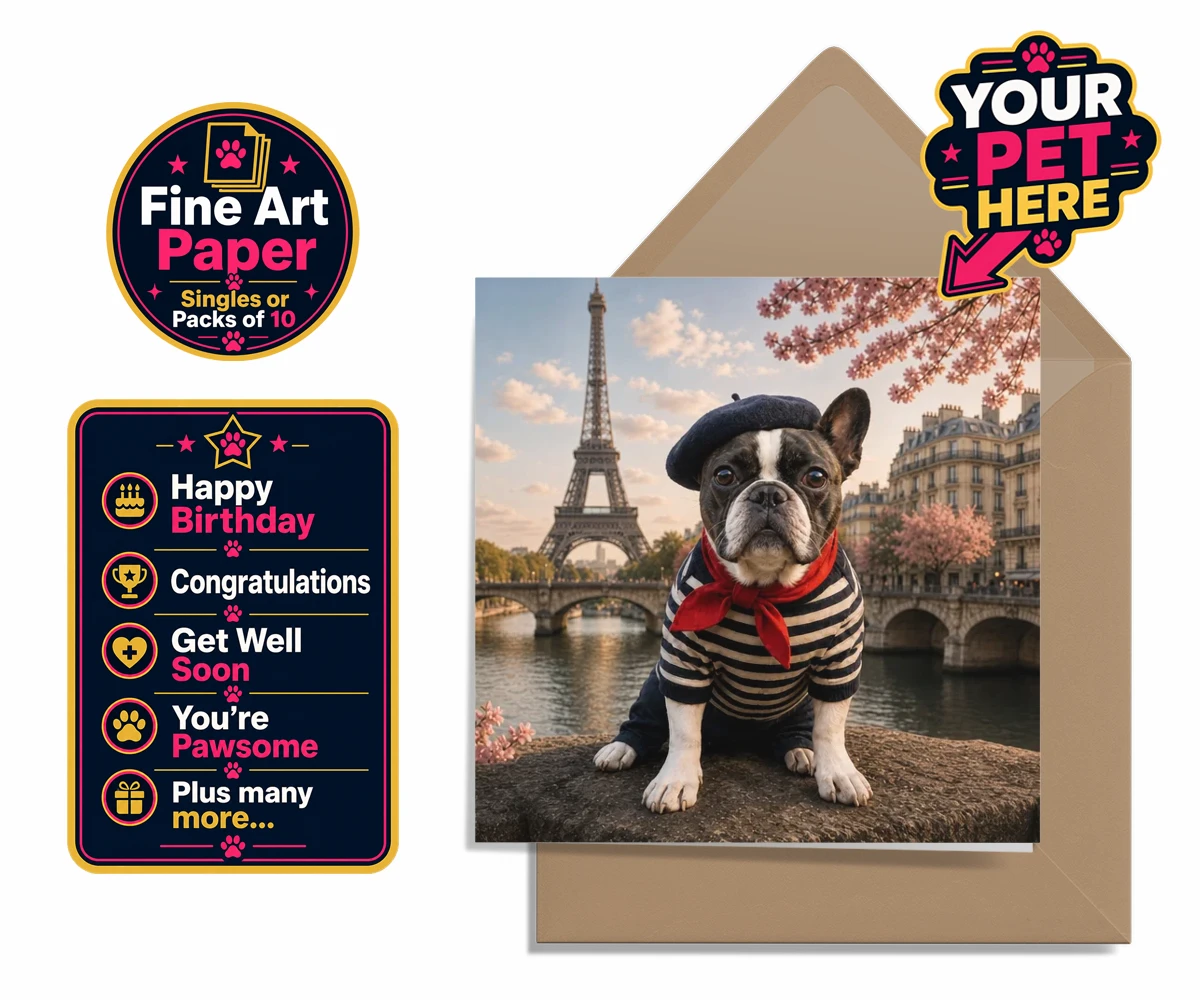Personalised Eiffel Paw Portrait dog premium greetings cards featuring meet the Eiffel Paw Portrait, where your beloved pooch channels their