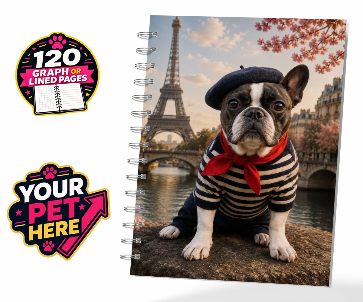 Personalised Eiffel Paw Portrait dog spiral notebook featuring meet the Eiffel Paw Portrait, where your beloved pooch channels their