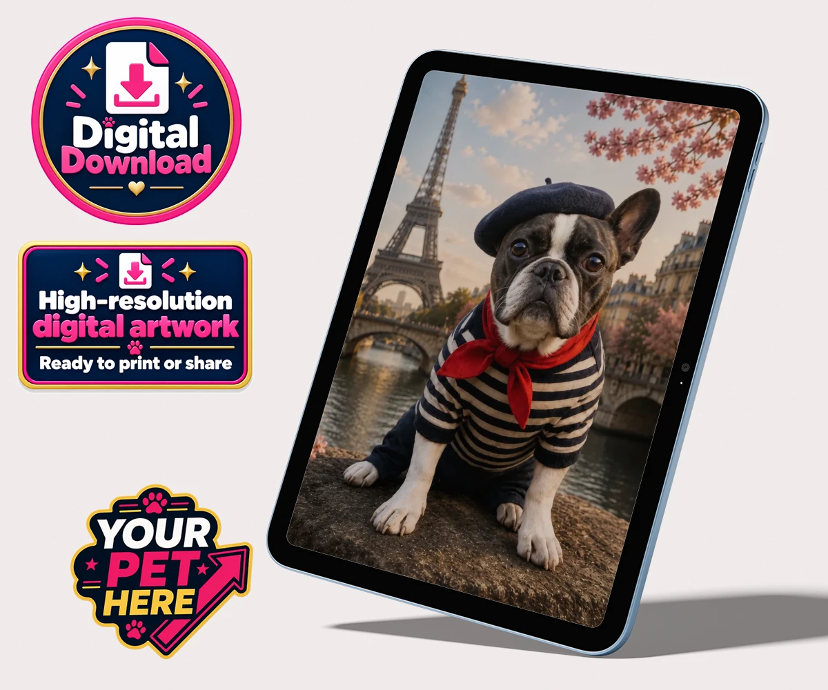 Personalised digital download of the Eiffel Paw Portrait featuring a dog in a striped shirt and beret in front of the Eiffel Tower