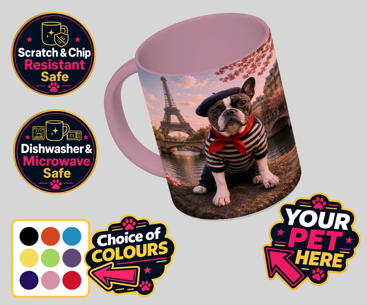 Personalised Eiffel Paw Portrait dog coloured photo mugs featuring meet the Eiffel Paw Portrait, where your beloved pooch channels their