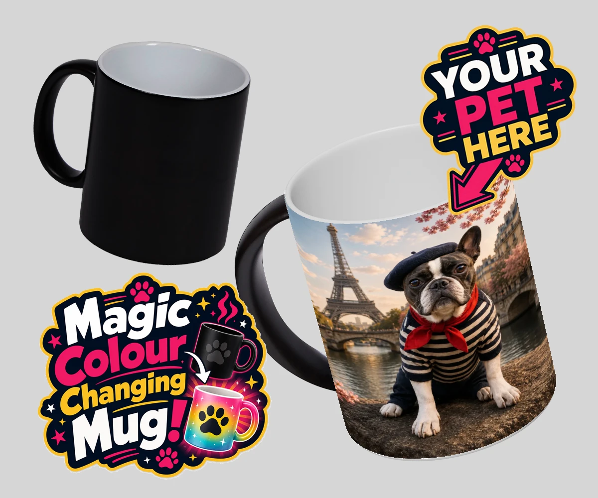 Personalised Eiffel Paw Portrait dog magic photo mugs featuring meet the Eiffel Paw Portrait, where your beloved pooch channels their