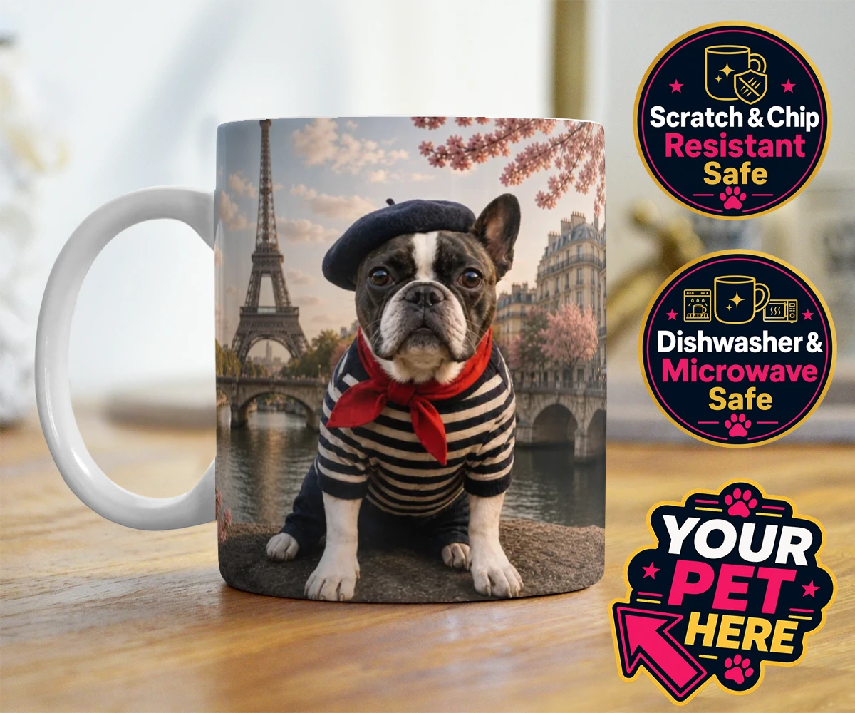 Personalised Eiffel Paw Portrait dog photo mugs featuring meet the Eiffel Paw Portrait, where your beloved pooch channels their