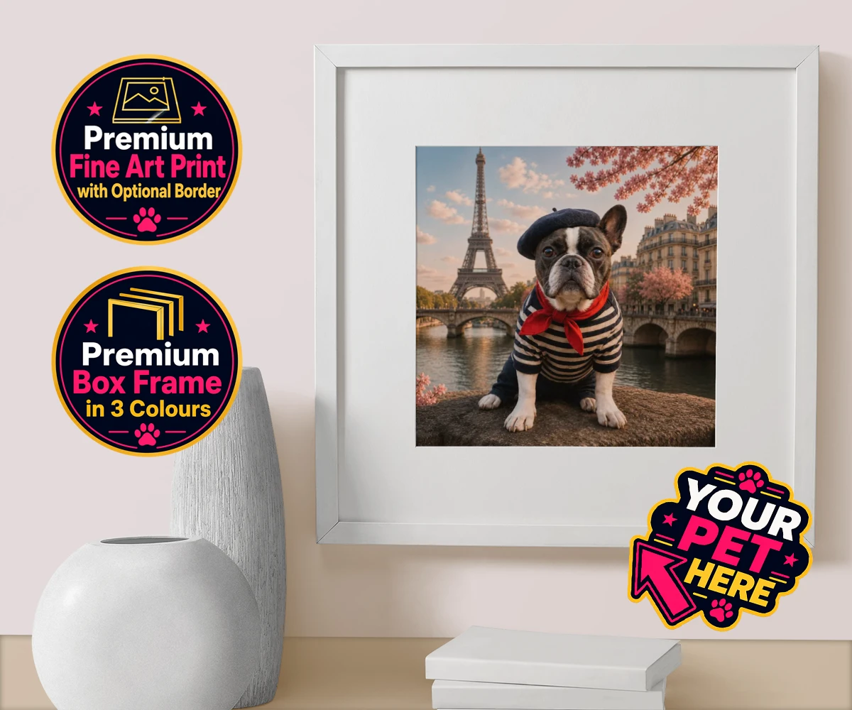 Personalised Eiffel Paw Portrait dog box framed print featuring meet the Eiffel Paw Portrait, where your beloved pooch channels their