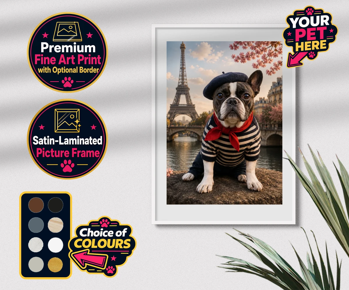Personalised Eiffel Paw Portrait dog premium framed print featuring meet the Eiffel Paw Portrait, where your beloved pooch channels their