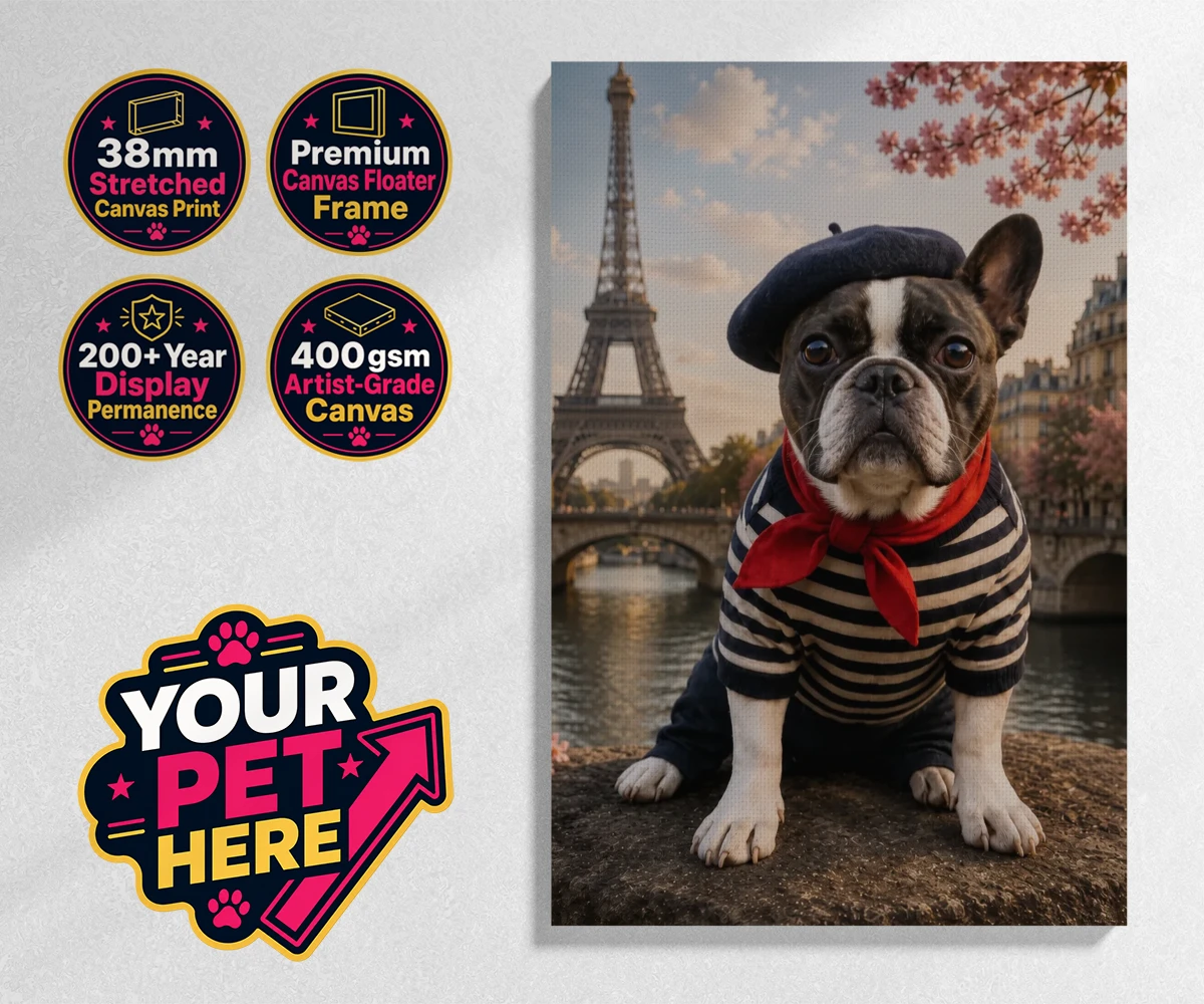 Personalised Eiffel Paw Portrait dog stretched canvas print featuring meet the Eiffel Paw Portrait, where your beloved pooch channels their