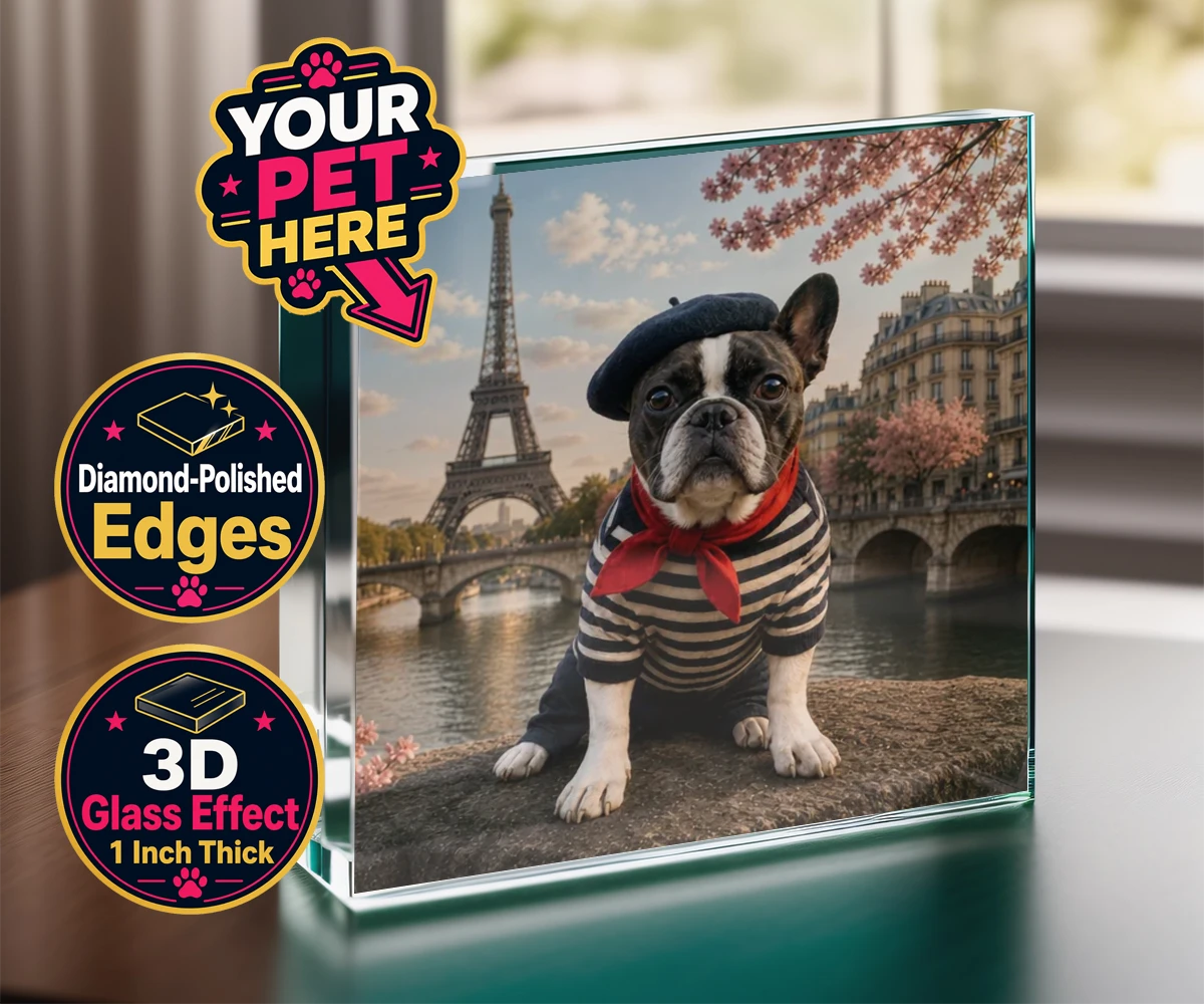 Personalised Eiffel Paw Portrait dog acrylic prisms featuring meet the Eiffel Paw Portrait, where your beloved pooch channels their
