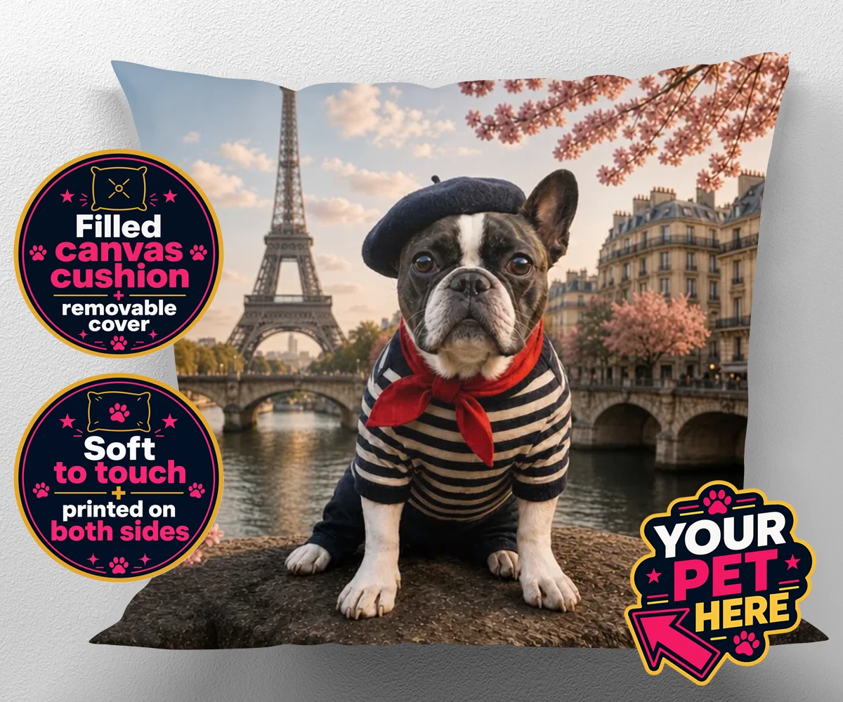 Personalised Eiffel Paw Portrait dog canvas cushions featuring meet the Eiffel Paw Portrait, where your beloved pooch channels their