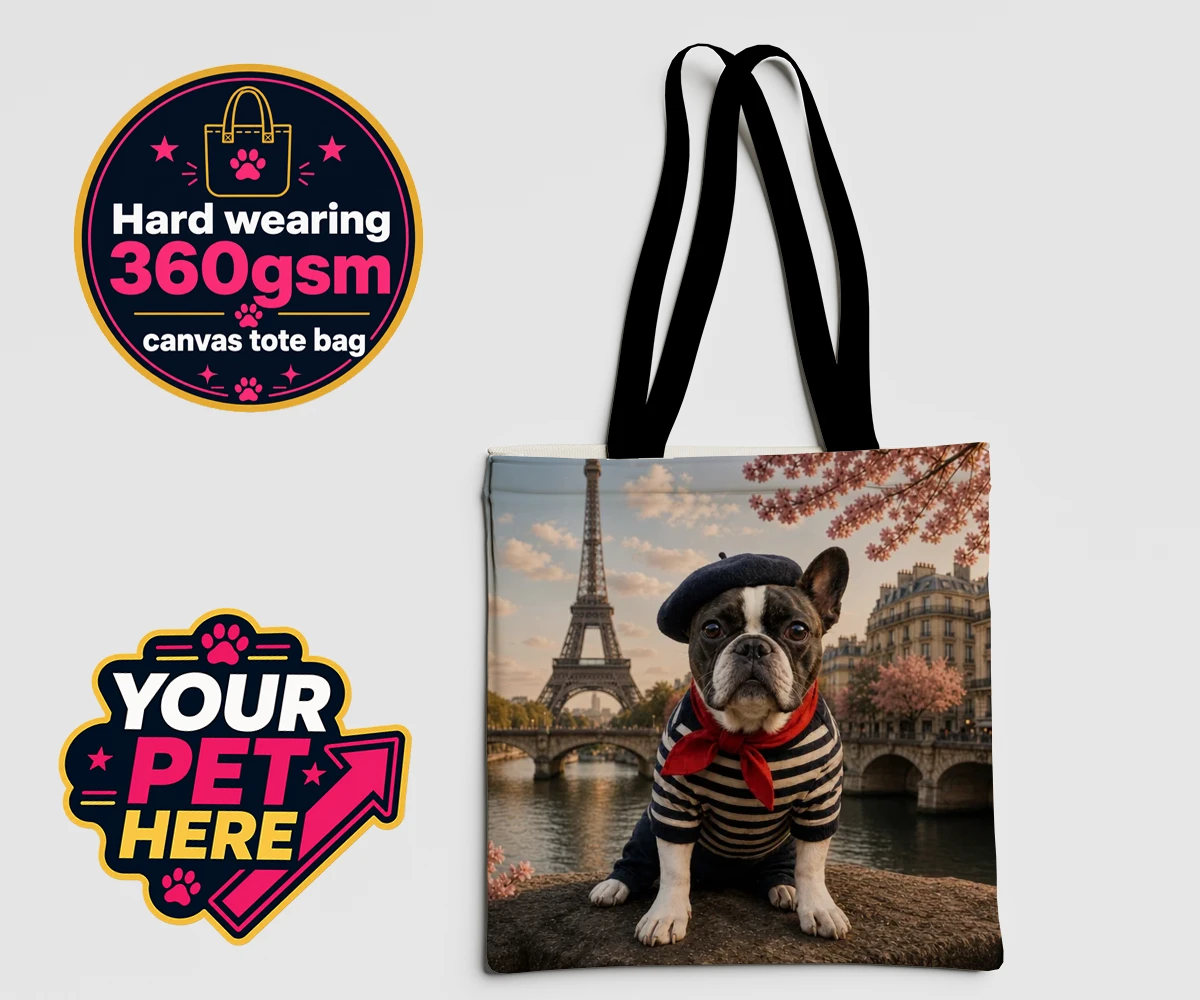 Personalised Eiffel Paw Portrait dog canvas tote bags featuring meet the Eiffel Paw Portrait, where your beloved pooch channels their
