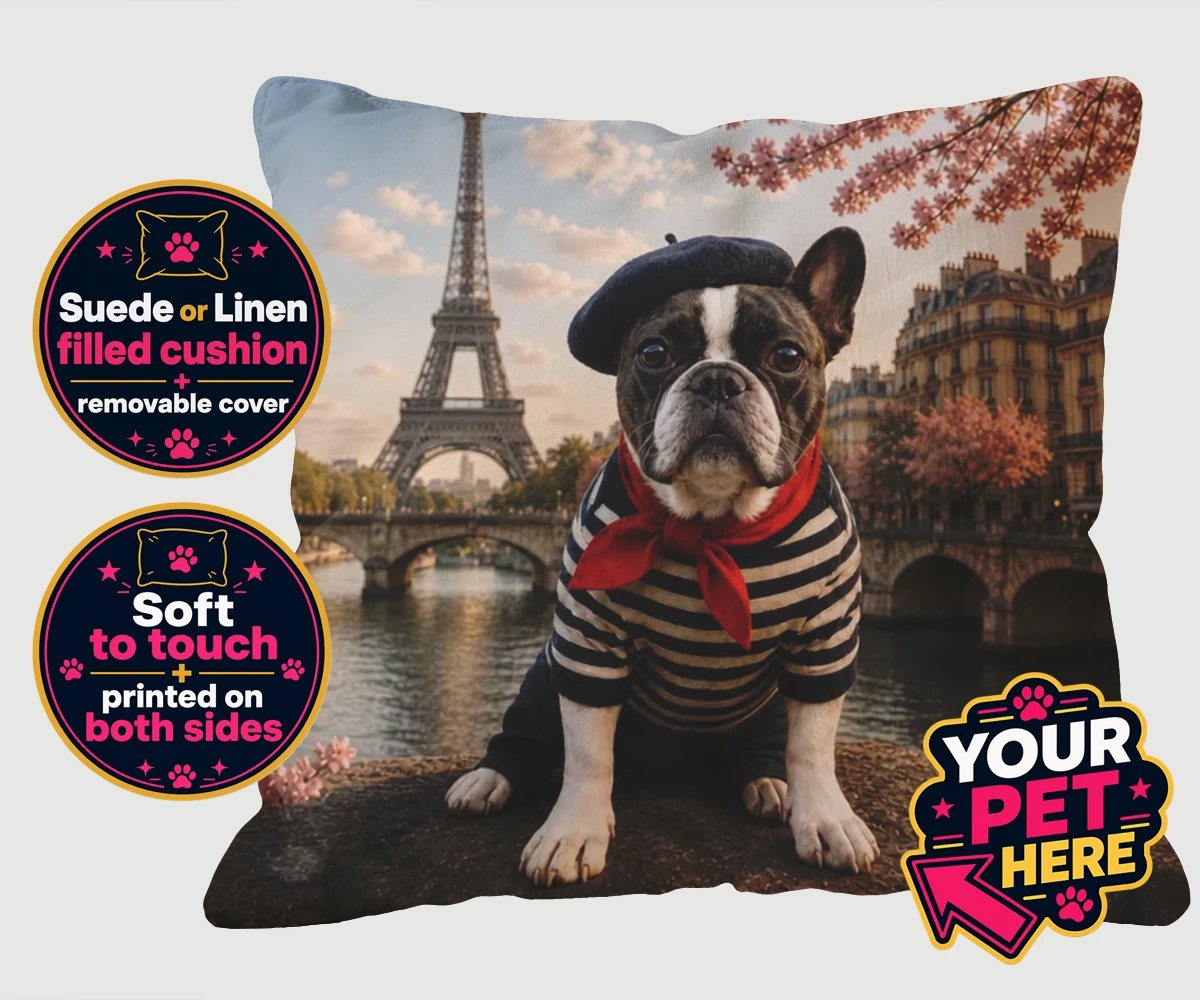 Personalised Eiffel Paw Portrait dog cushions featuring meet the Eiffel Paw Portrait, where your beloved pooch channels their