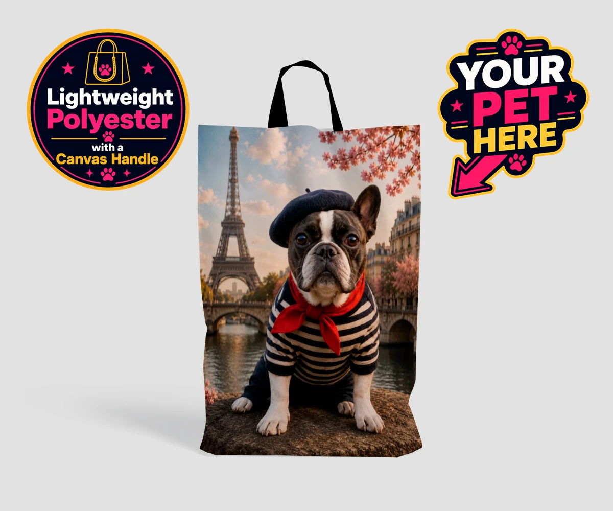 Personalised Eiffel Paw Portrait dog shopping bags featuring meet the Eiffel Paw Portrait, where your beloved pooch channels their