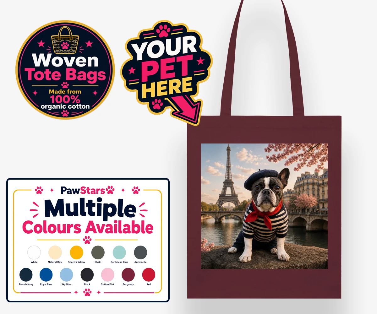 Personalised Eiffel Paw Portrait dog woven tote bags featuring meet the Eiffel Paw Portrait, where your beloved pooch channels their