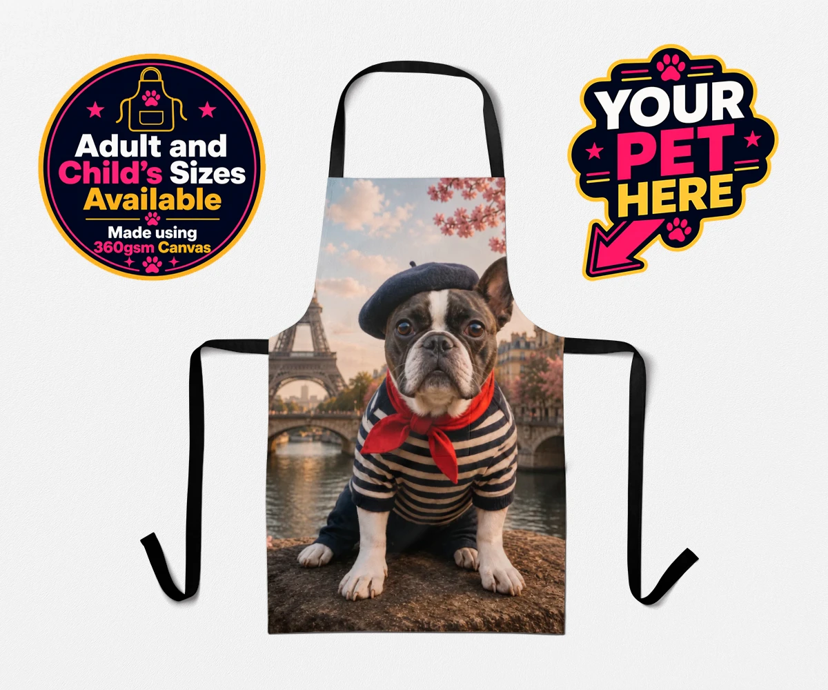 Personalised Eiffel Paw Portrait dog aprons featuring meet the Eiffel Paw Portrait, where your beloved pooch channels their