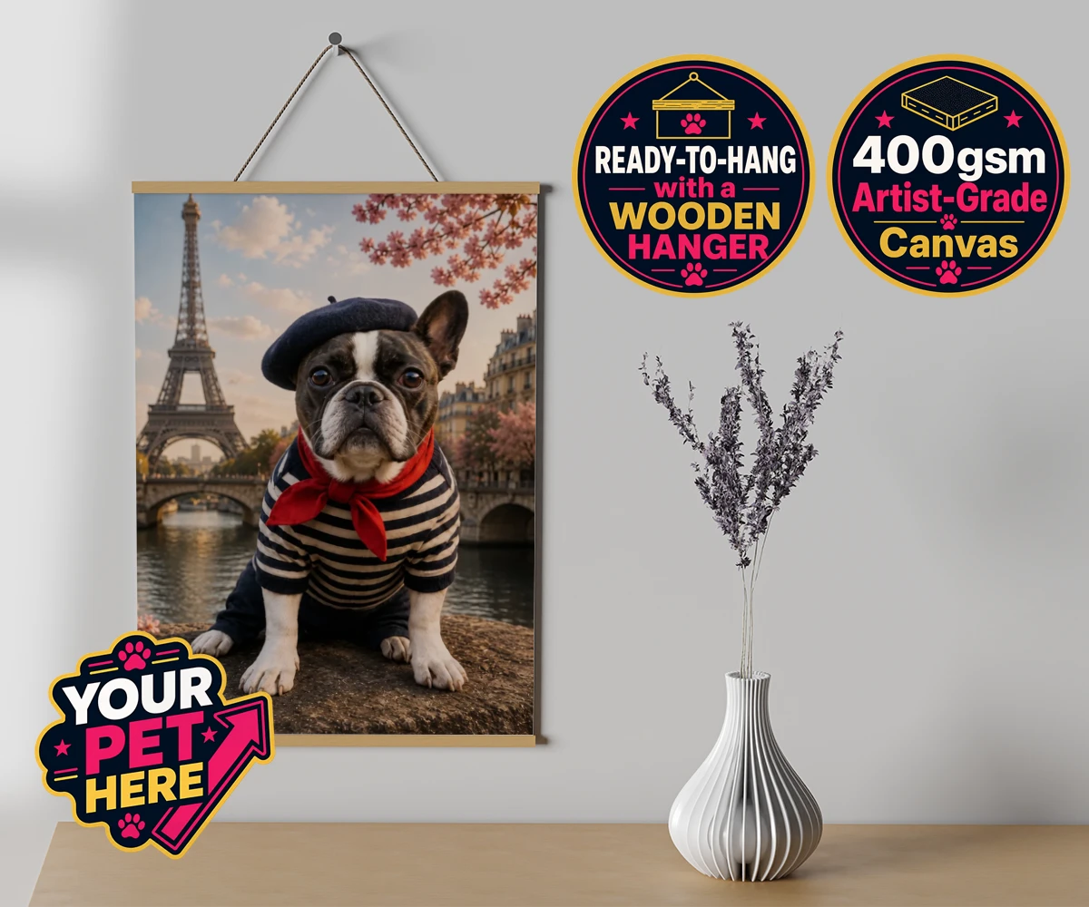 Personalised Eiffel Paw Portrait dog canvas poster prints with hanger featuring meet the Eiffel Paw Portrait, where your beloved pooch channels their