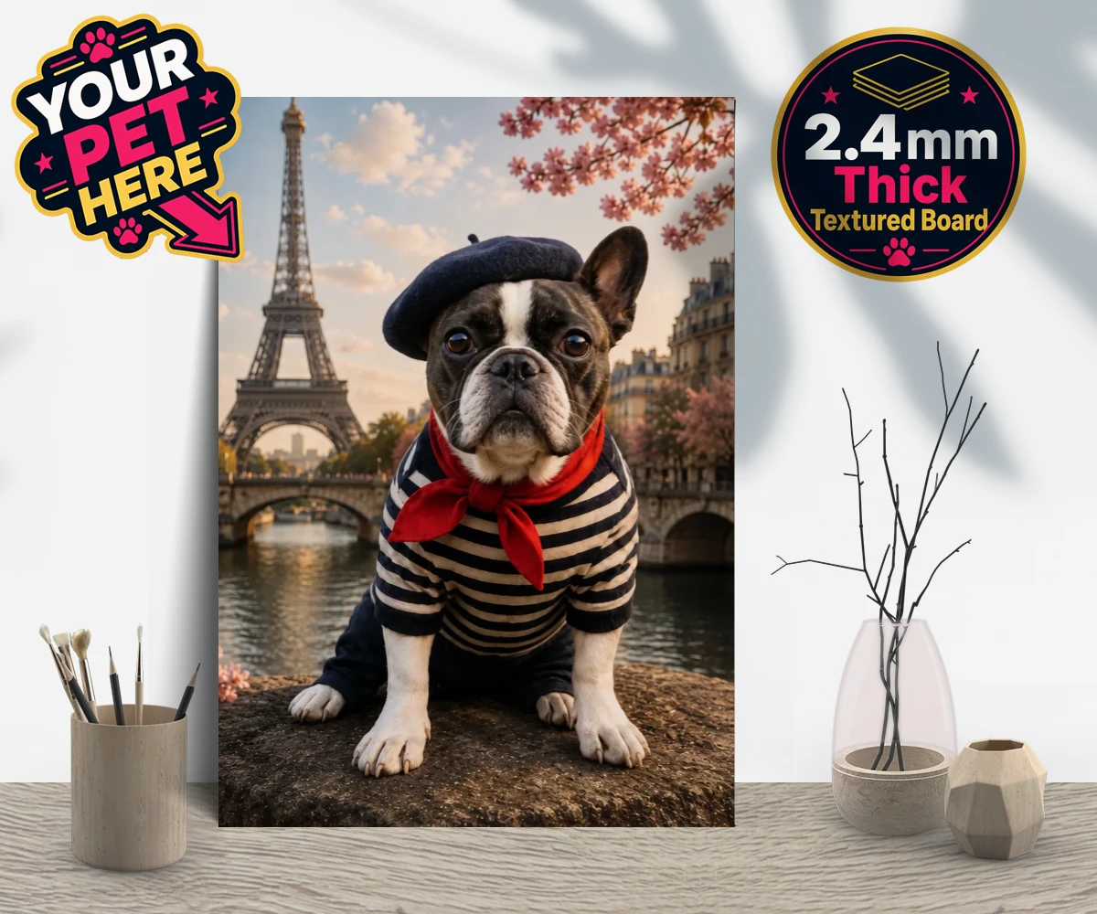 Personalised Eiffel Paw Portrait dog gallery boards featuring meet the Eiffel Paw Portrait, where your beloved pooch channels their