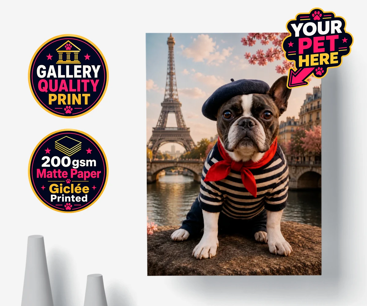 Personalised Eiffel Paw Portrait dog premium poster print featuring meet the Eiffel Paw Portrait, where your beloved pooch channels their