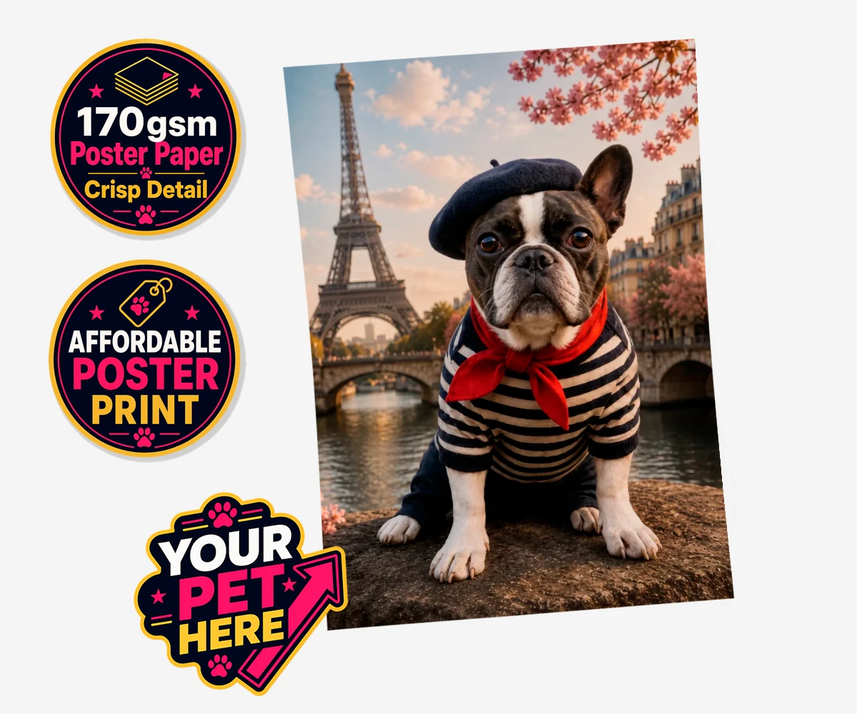 Personalised Eiffel Paw Portrait dog standard poster print featuring meet the Eiffel Paw Portrait, where your beloved pooch channels their