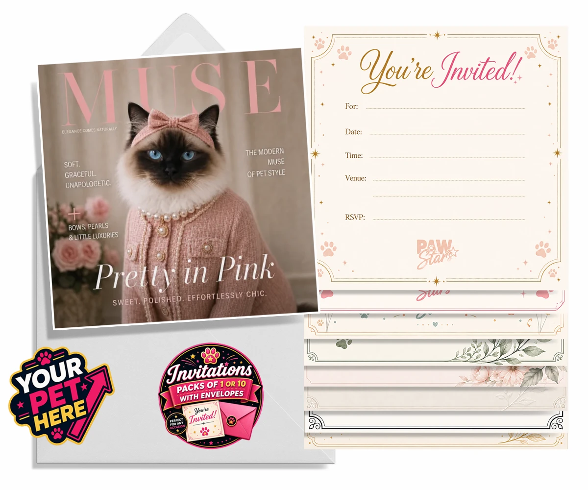Personalised Muse Magazine cat invitations featuring the epitome of feline grace and elegance
