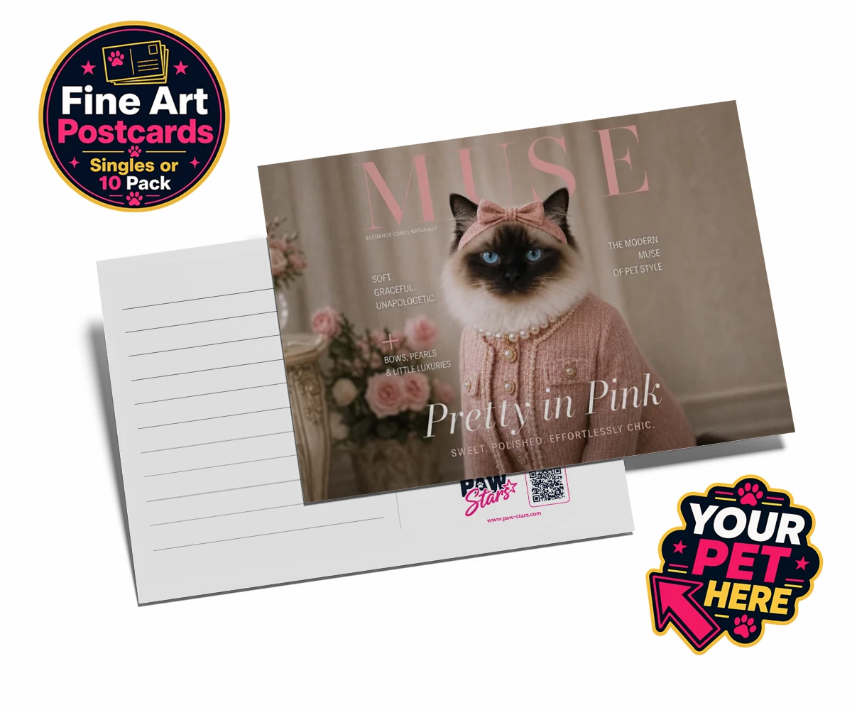 Personalised Muse Magazine cat postcards featuring the epitome of feline grace and elegance
