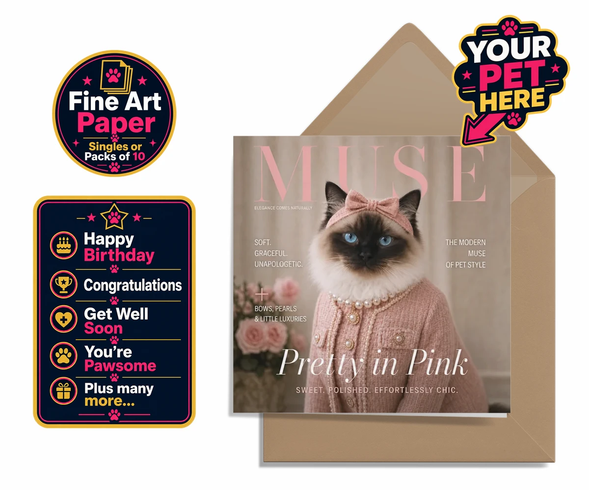 Personalised Muse Magazine cat premium greetings cards featuring the epitome of feline grace and elegance